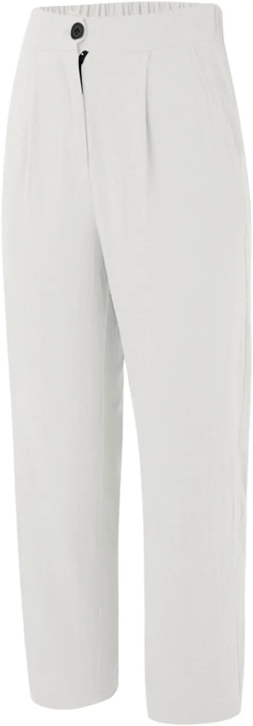 Women's High Waisted Dress Pants Casual Linen Straight Leg Beach Lounge Pants Work Office Suit Trousers with Pockets