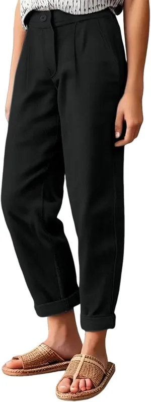 Women's High Waisted Dress Pants Casual Linen Straight Leg Beach Lounge Pants Work Office Suit Trousers with Pockets