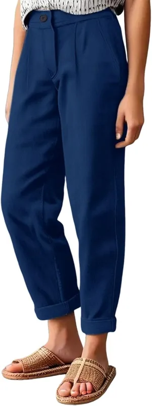 Women's High Waisted Dress Pants Casual Linen Straight Leg Beach Lounge Pants Work Office Suit Trousers with Pockets