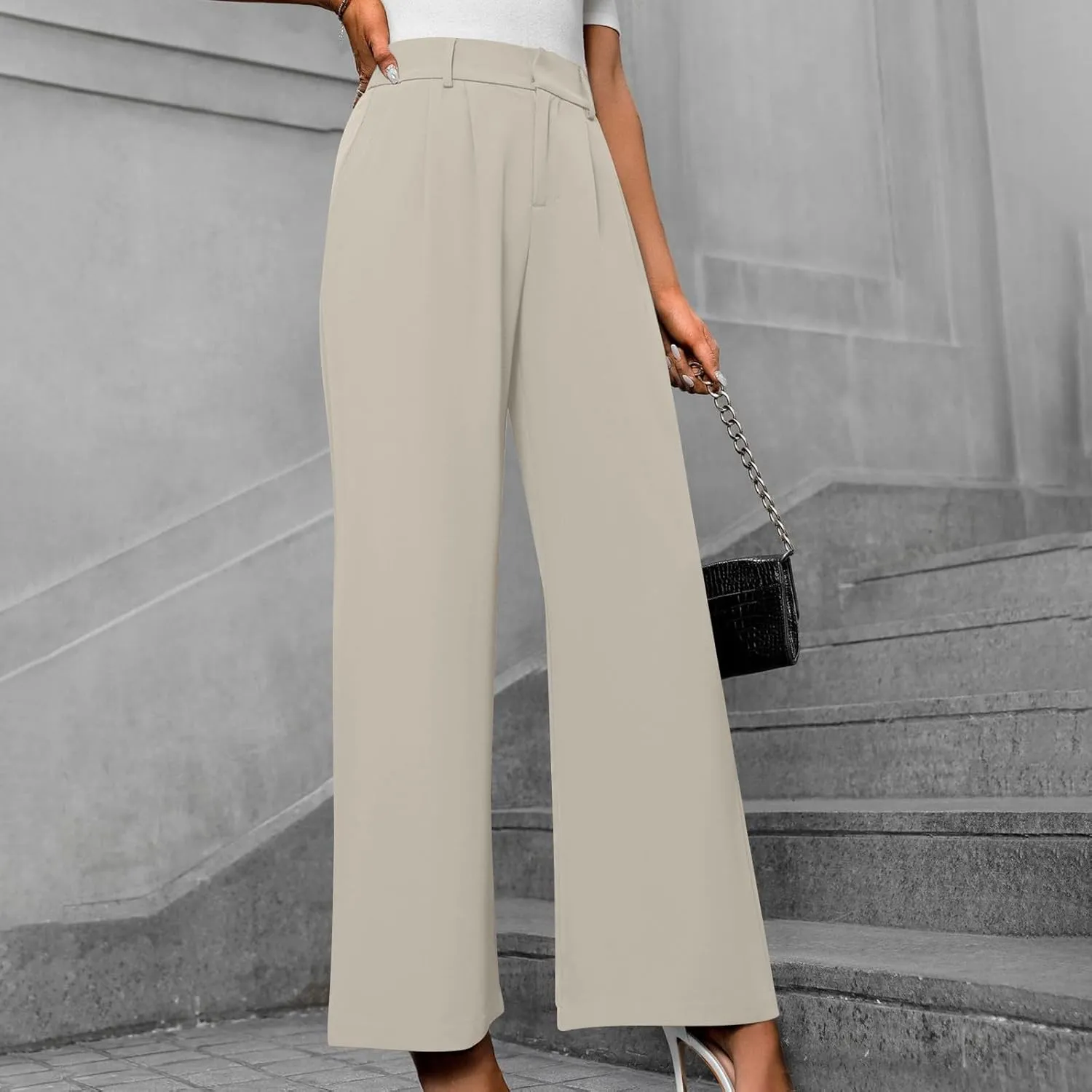 Women's High Waisted Dressy Pants Solid Color Business Casual Work Straight Leg Pants Comfort Palazzo Suit Trousers