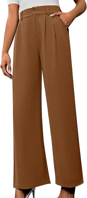 Women's High Waisted Dressy Pants Solid Color Business Casual Work Straight Leg Pants Comfort Palazzo Suit Trousers