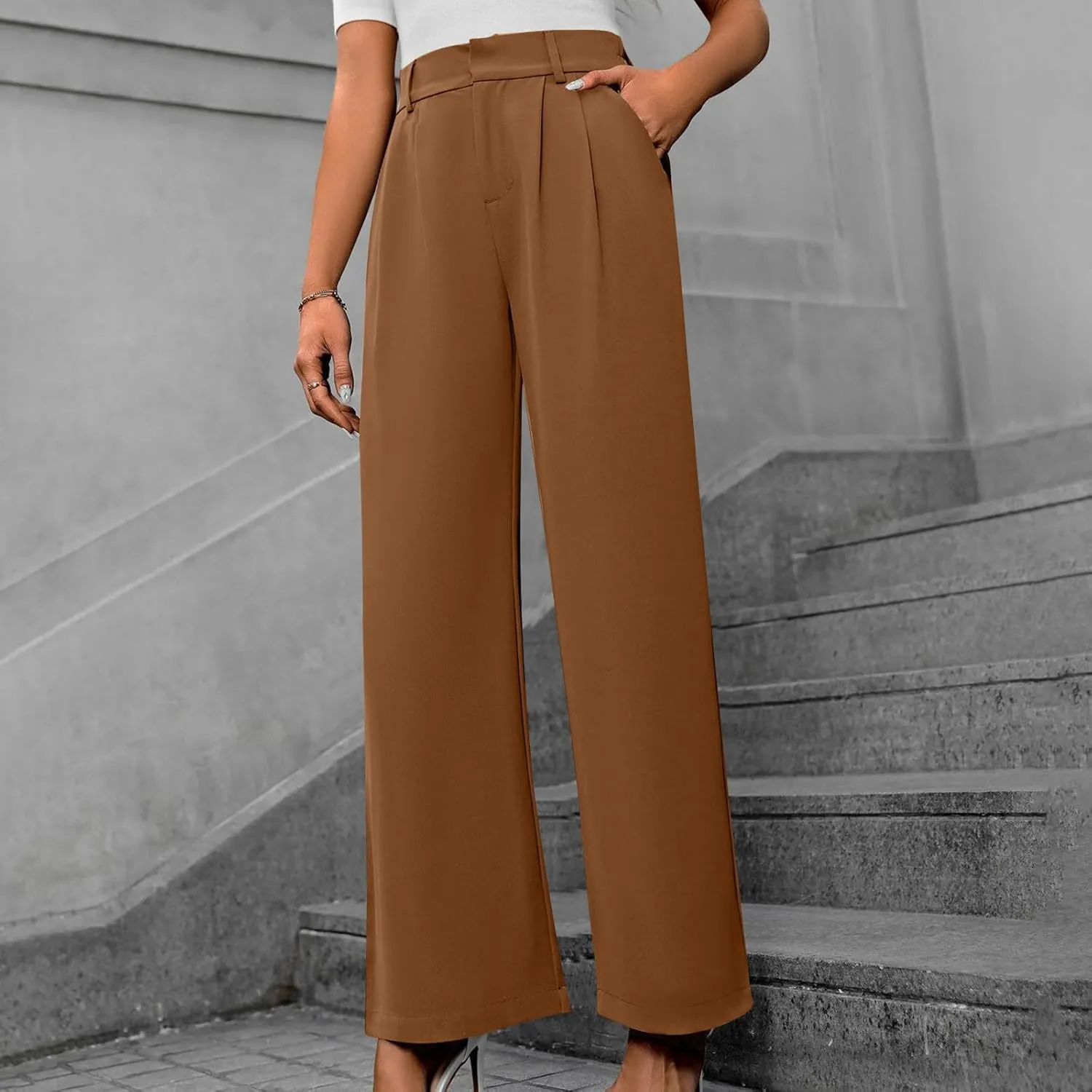 Women's High Waisted Dressy Pants Solid Color Business Casual Work Straight Leg Pants Comfort Palazzo Suit Trousers