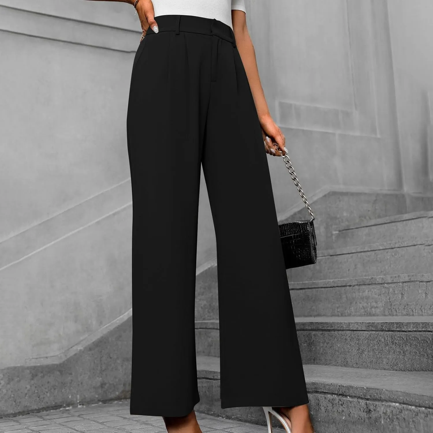Women's High Waisted Dressy Pants Solid Color Business Casual Work Straight Leg Pants Comfort Palazzo Suit Trousers