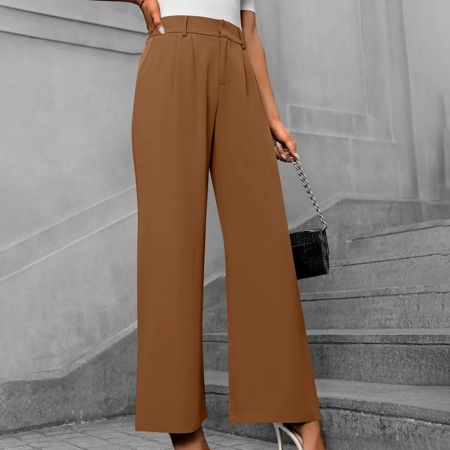 Women's High Waisted Dressy Pants Solid Color Business Casual Work Straight Leg Pants Comfort Palazzo Suit Trousers