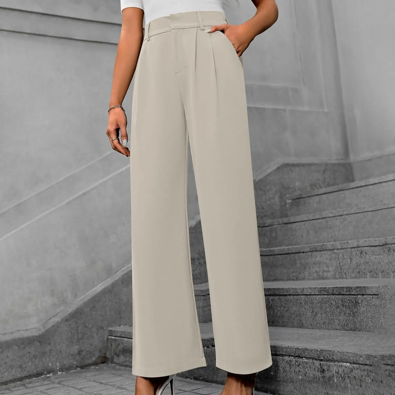 Women's High Waisted Dressy Pants Solid Color Business Casual Work Straight Leg Pants Comfort Palazzo Suit Trousers