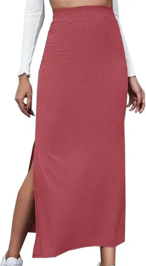 Women's High Waisted Skirts Split Thigh Rib Knit Bodycon Maxi Skirt A-line Long Pencil Skirt 2025 Trendy Skirt