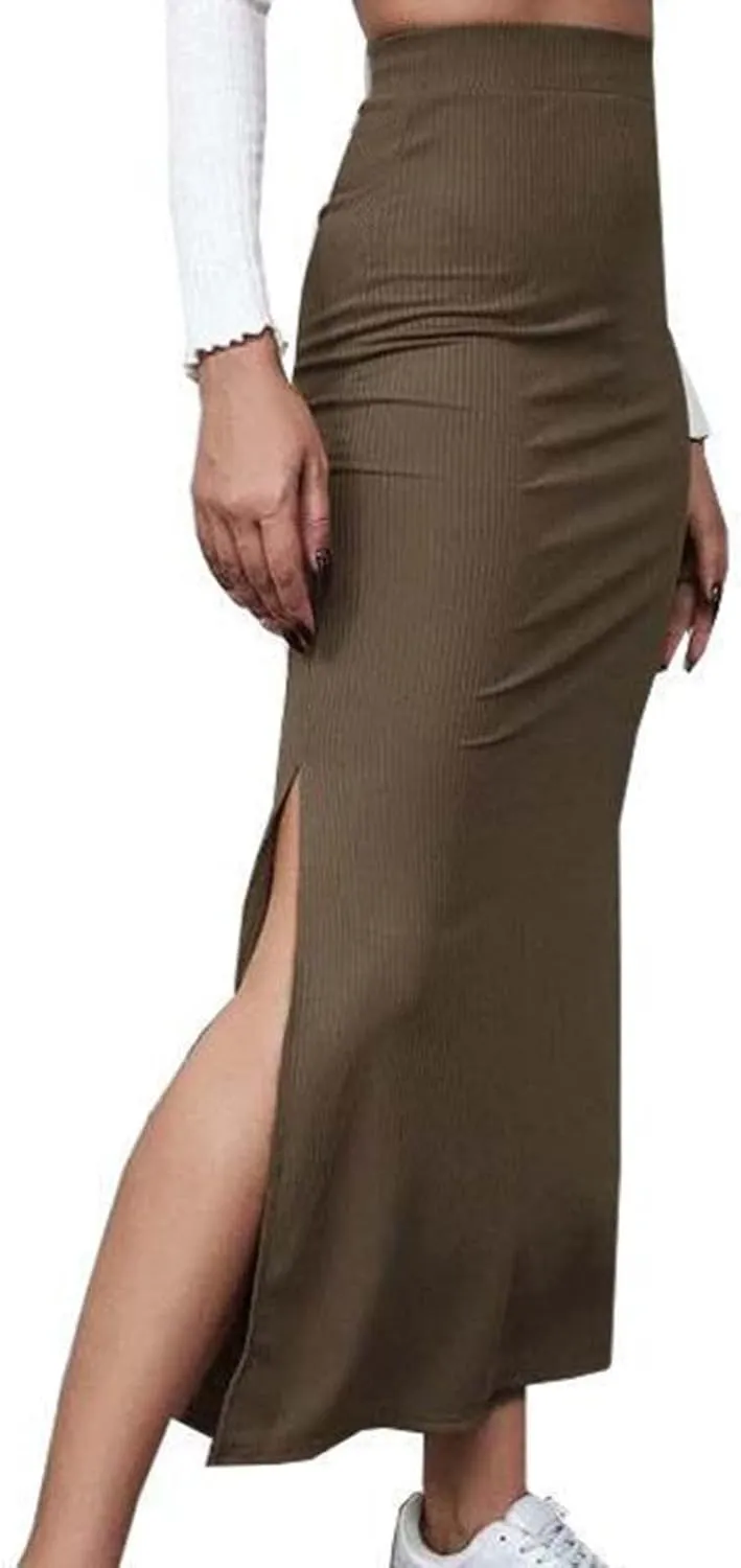 Women's High Waisted Skirts Split Thigh Rib Knit Bodycon Maxi Skirt A-line Long Pencil Skirt 2025 Trendy Skirt