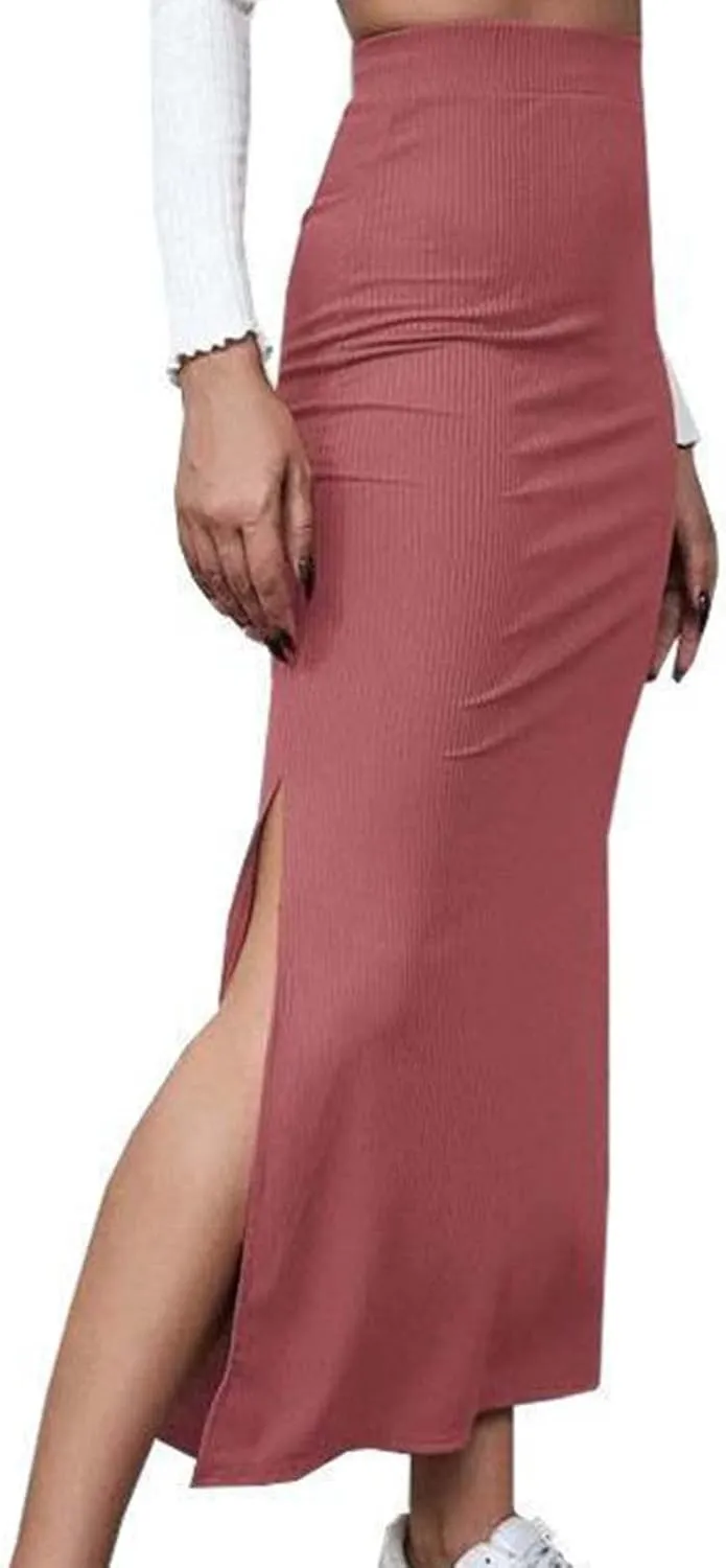 Women's High Waisted Skirts Split Thigh Rib Knit Bodycon Maxi Skirt A-line Long Pencil Skirt 2025 Trendy Skirt