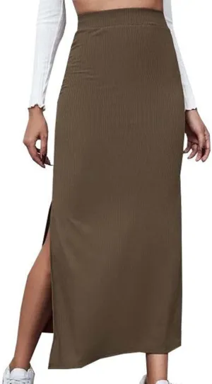 Women's High Waisted Skirts Split Thigh Rib Knit Bodycon Maxi Skirt A-line Long Pencil Skirt 2025 Trendy Skirt