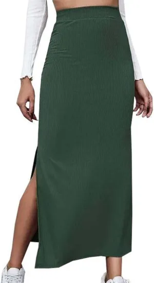 Women's High Waisted Skirts Split Thigh Rib Knit Bodycon Maxi Skirt A-line Long Pencil Skirt 2025 Trendy Skirt