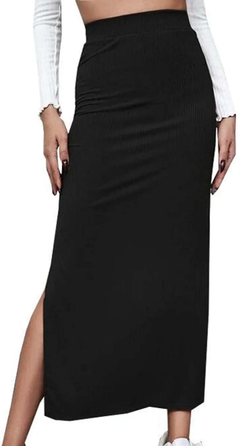 Women's High Waisted Skirts Split Thigh Rib Knit Bodycon Maxi Skirt A-line Long Pencil Skirt 2025 Trendy Skirt