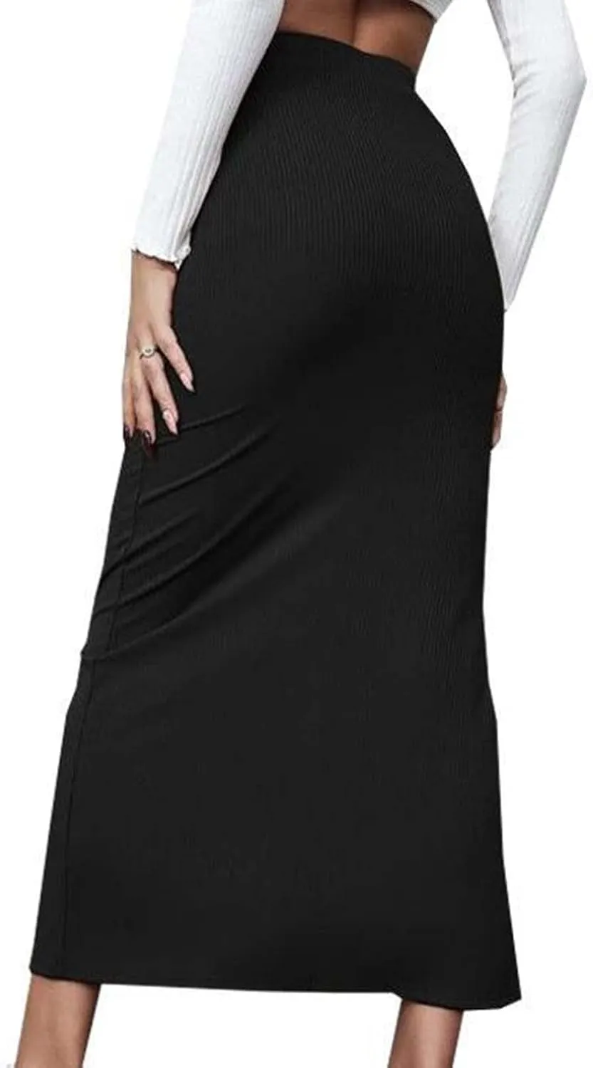 Women's High Waisted Skirts Split Thigh Rib Knit Bodycon Maxi Skirt A-line Long Pencil Skirt 2025 Trendy Skirt