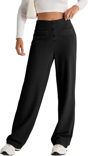 Women's High Waisted Straight Leg Pants Business Casual Work Pants Button Down Casual Trousers with Multiple Pockets