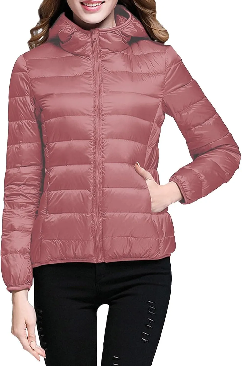 Womens Hooded Jacket Short Down Coat Hooded Packable Puffer Jacket Lightweight Warm Puffy Quilted Coat