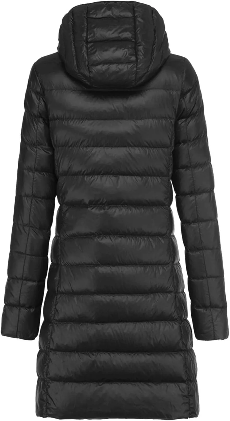 Women's Hooded Ultra Light Weight Coat Long Packable Outwear Puffer Down Jacket Lightweight Full-Zip Puffer Jacket