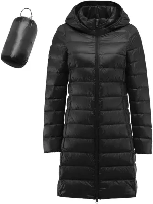 Women's Hooded Ultra Light Weight Coat Long Packable Outwear Puffer Down Jacket Lightweight Full-Zip Puffer Jacket