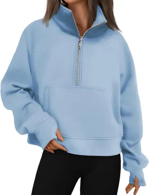 Womens Hoodies Oversized Quarter Zip Pullover Cropped Fleece Sweatshirts with Pockets Fall Clothes Thumb Hole