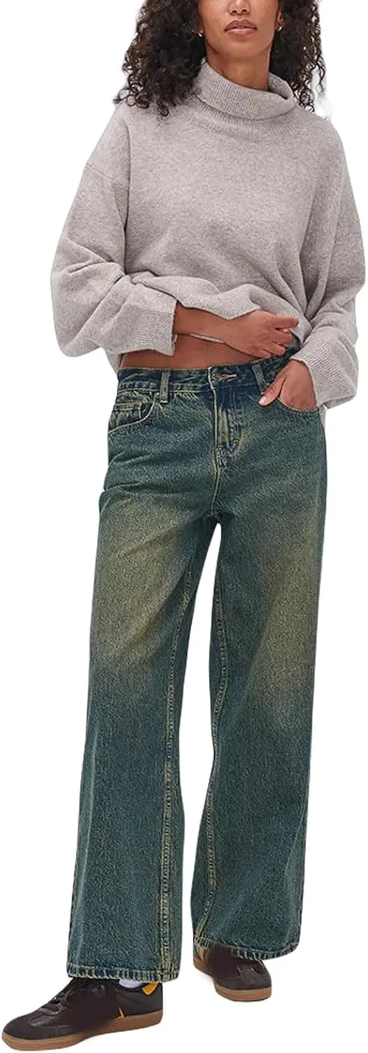 Womens Jeans High Waisted Straight Wide Leg Baggy Jeans Y2k Boyfriend Vintage Washed Loose Denim Pants Streetwear