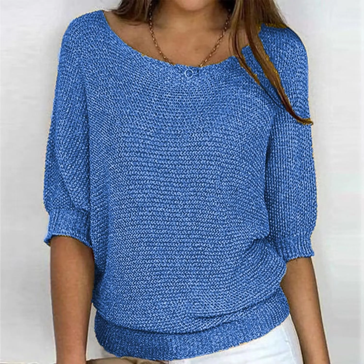 Womens Lightweight Knit Solid Sweater Slouchy Crew Neck 3/4 Sleeve Fall Shirt Oversized Loose Fit Pullover Tops