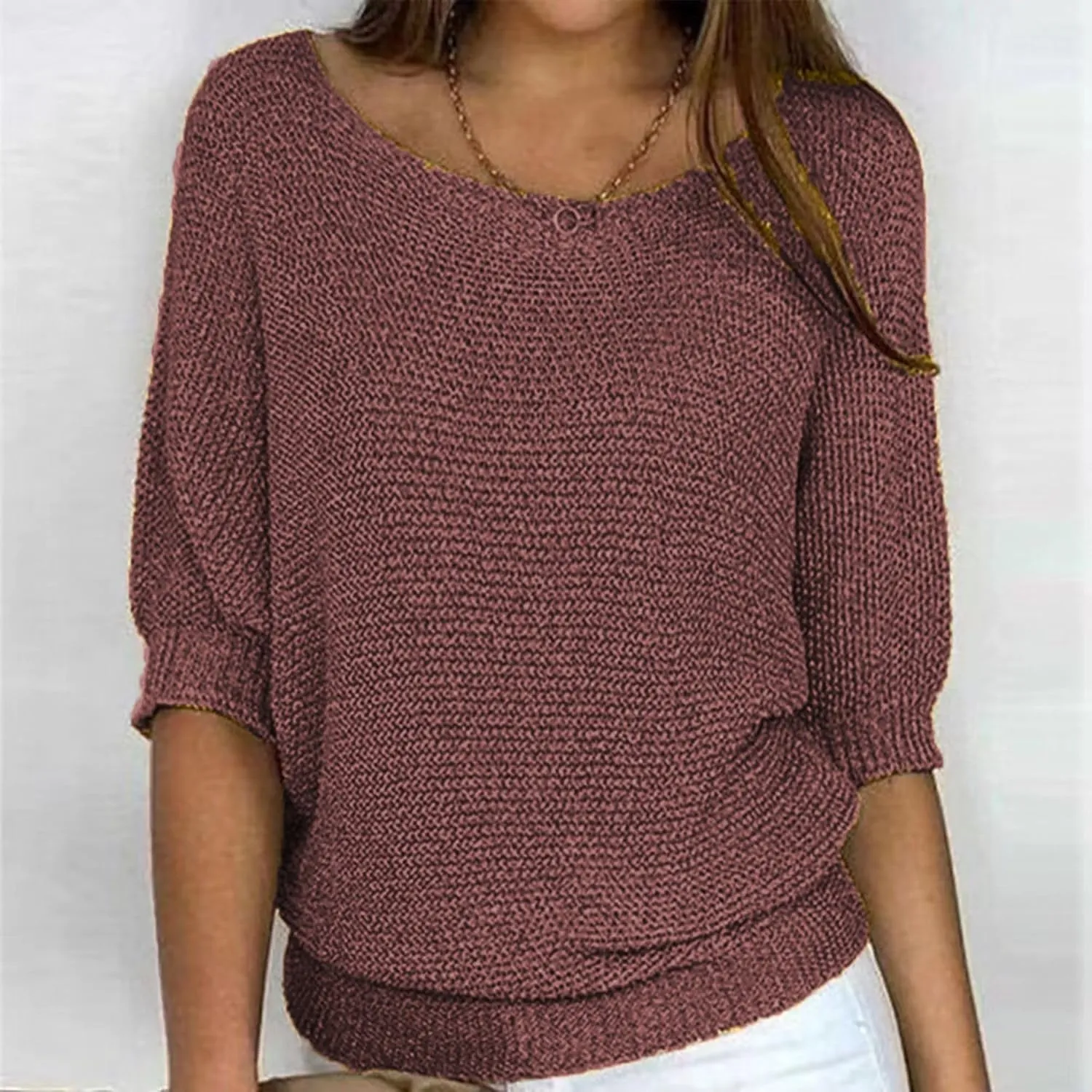 Womens Lightweight Knit Solid Sweater Slouchy Crew Neck 3/4 Sleeve Fall Shirt Oversized Loose Fit Pullover Tops