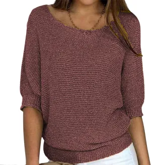 Womens Lightweight Knit Solid Sweater Slouchy Crew Neck 3/4 Sleeve Fall Shirt Oversized Loose Fit Pullover Tops