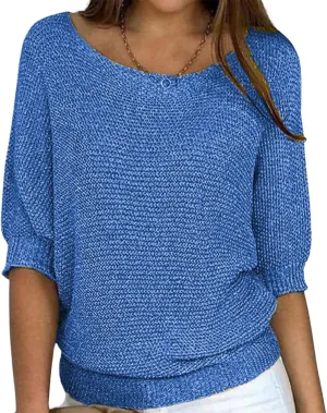 Womens Lightweight Knit Solid Sweater Slouchy Crew Neck 3/4 Sleeve Fall Shirt Oversized Loose Fit Pullover Tops