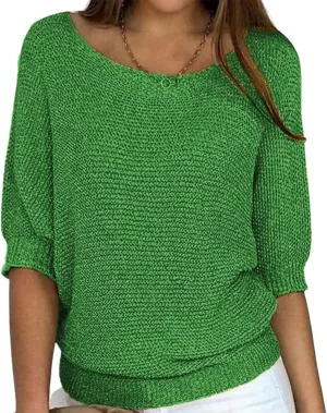 Womens Lightweight Knit Solid Sweater Slouchy Crew Neck 3/4 Sleeve Fall Shirt Oversized Loose Fit Pullover Tops