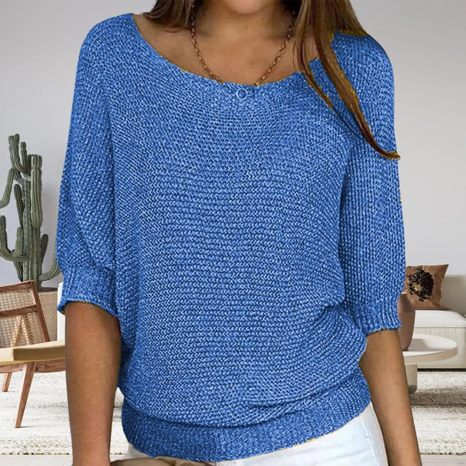Womens Lightweight Knit Solid Sweater Slouchy Crew Neck 3/4 Sleeve Fall Shirt Oversized Loose Fit Pullover Tops