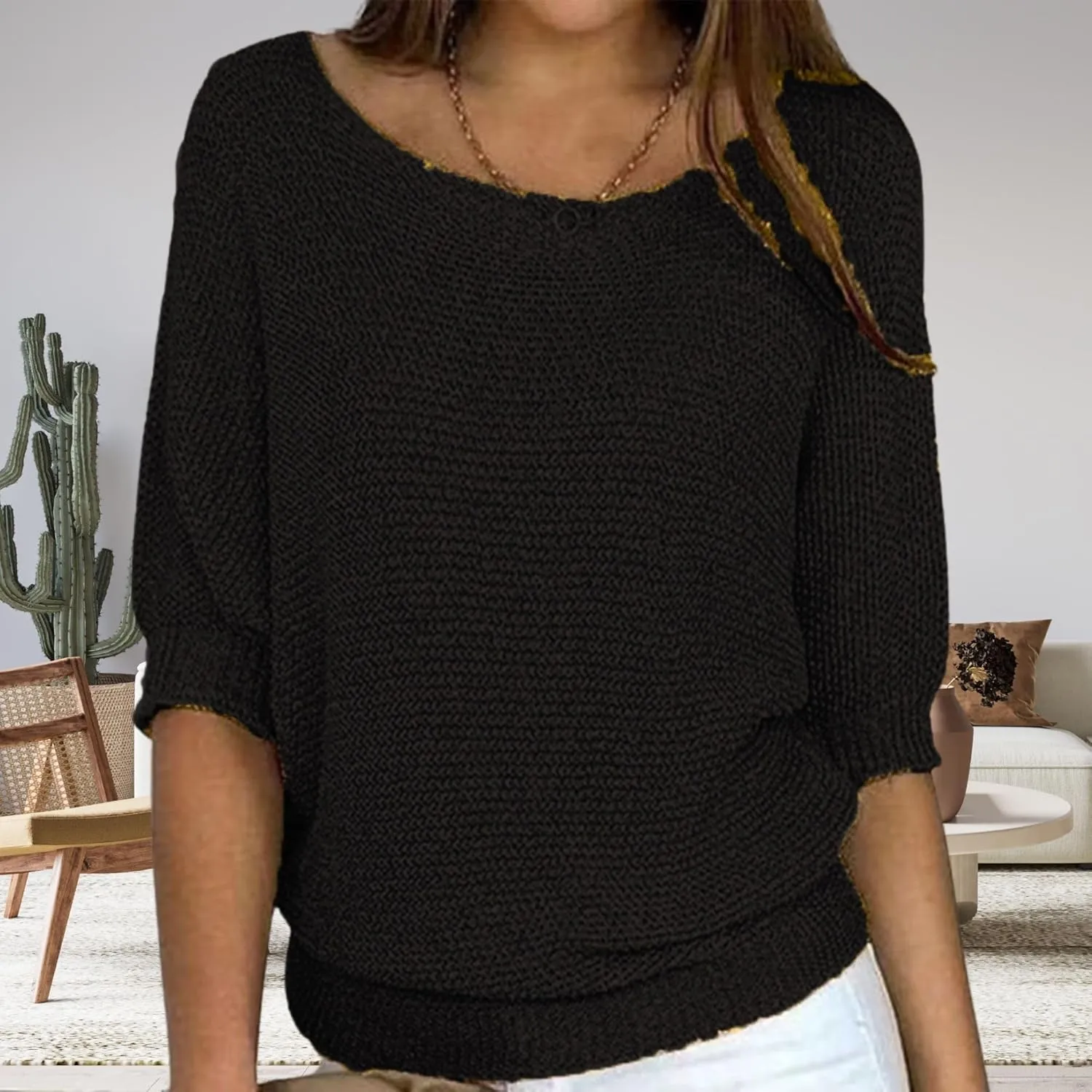 Womens Lightweight Knit Solid Sweater Slouchy Crew Neck 3/4 Sleeve Fall Shirt Oversized Loose Fit Pullover Tops