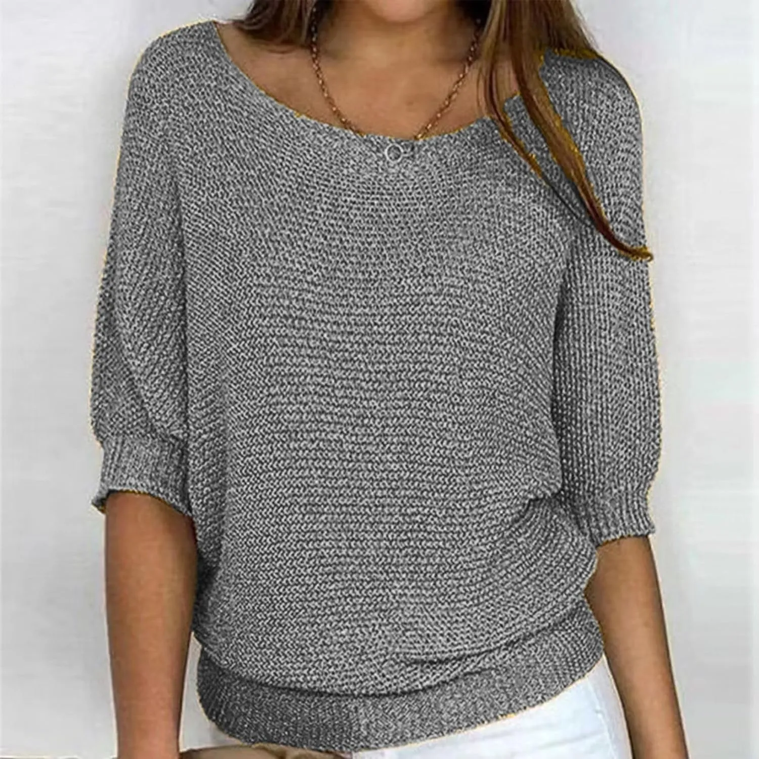 Womens Lightweight Knit Solid Sweater Slouchy Crew Neck 3/4 Sleeve Fall Shirt Oversized Loose Fit Pullover Tops