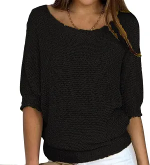 Womens Lightweight Knit Solid Sweater Slouchy Crew Neck 3/4 Sleeve Fall Shirt Oversized Loose Fit Pullover Tops