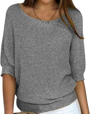 Womens Lightweight Knit Solid Sweater Slouchy Crew Neck 3/4 Sleeve Fall Shirt Oversized Loose Fit Pullover Tops