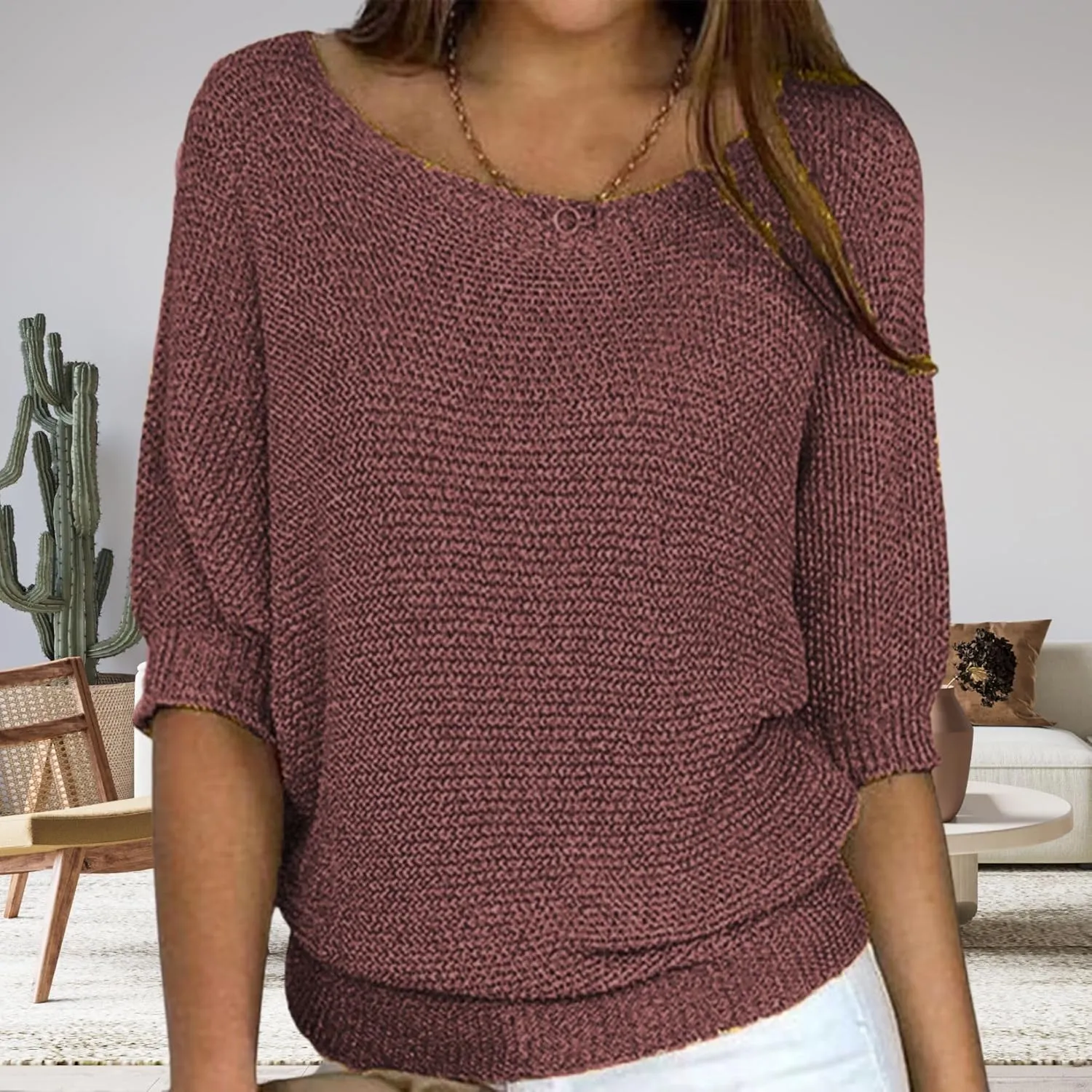 Womens Lightweight Knit Solid Sweater Slouchy Crew Neck 3/4 Sleeve Fall Shirt Oversized Loose Fit Pullover Tops