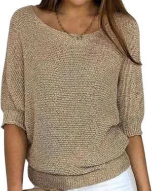 Womens Lightweight Knit Solid Sweater Slouchy Crew Neck 3/4 Sleeve Fall Shirt Oversized Loose Fit Pullover Tops