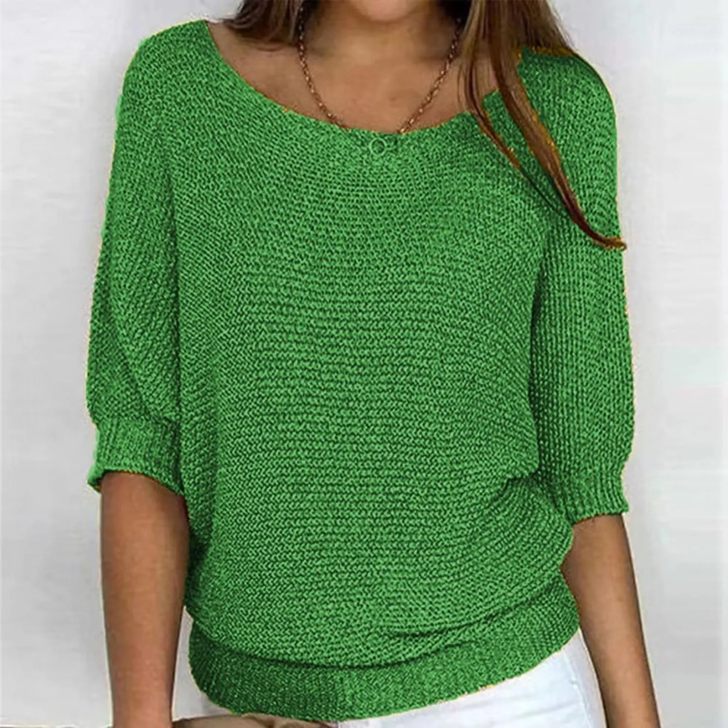 Womens Lightweight Knit Solid Sweater Slouchy Crew Neck 3/4 Sleeve Fall Shirt Oversized Loose Fit Pullover Tops