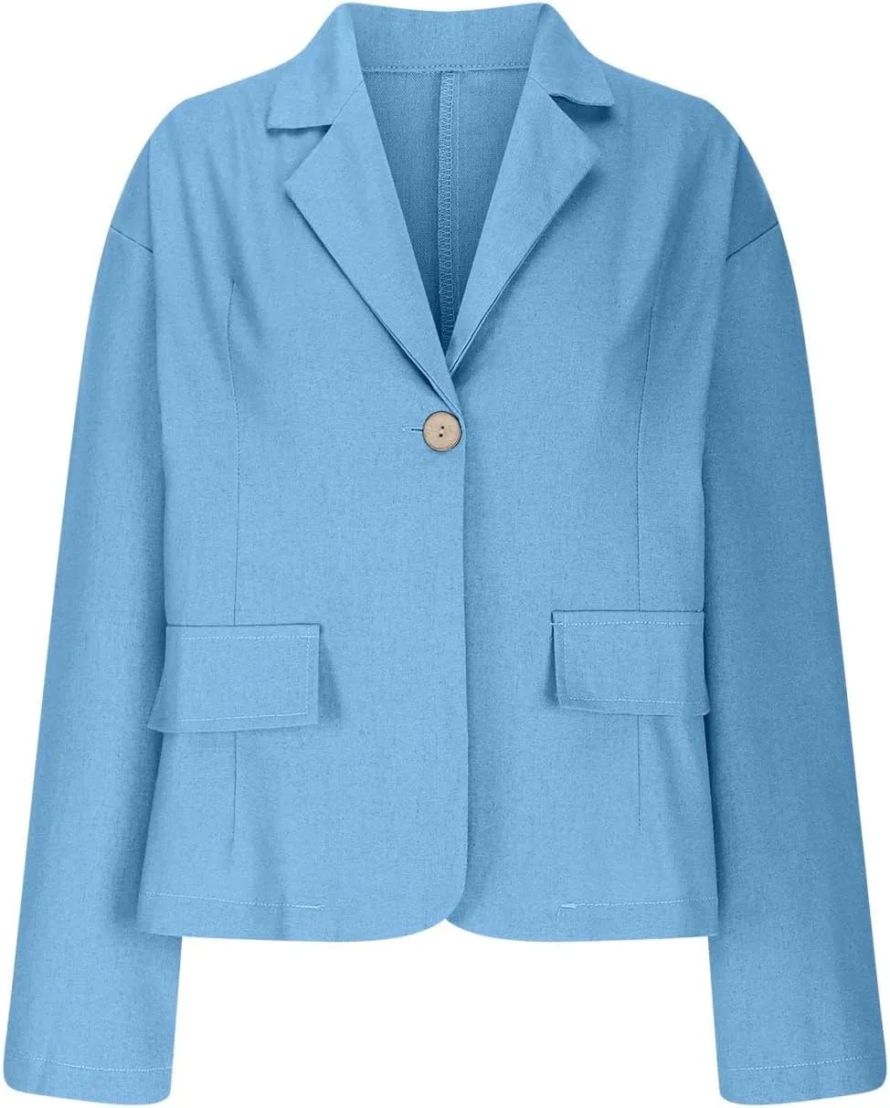 Womens Linen Cotton Blazer Office 3/4 Sleeve Cardigan Business Button Suit Jacket Casual Lightweight Work Suits Coat
