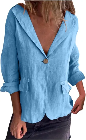 Womens Linen Cotton Blazer Office 3/4 Sleeve Cardigan Business Button Suit Jacket Casual Lightweight Work Suits Coat
