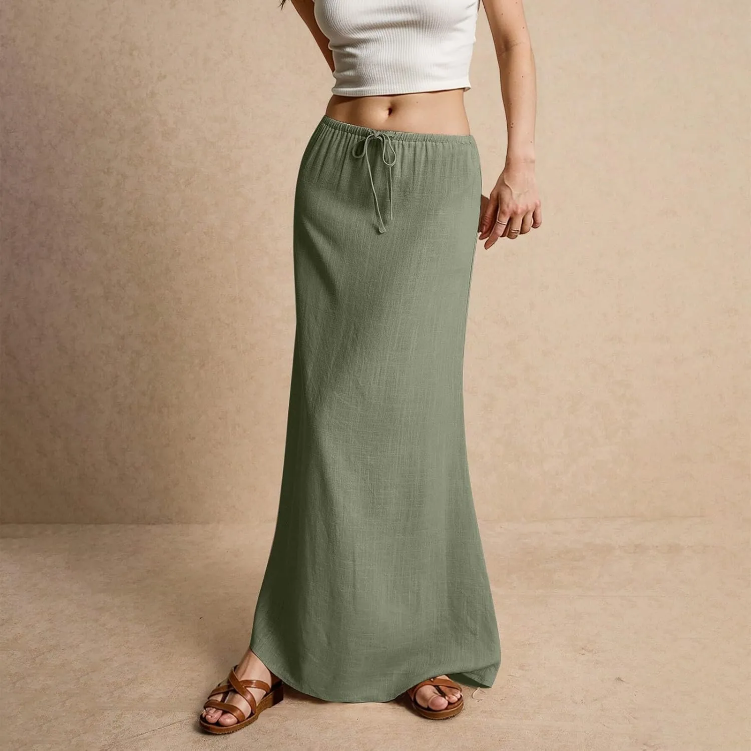 Womens Linen Maxi A-line Long Summer Skirt Elastic High Waist Flowy Skirt