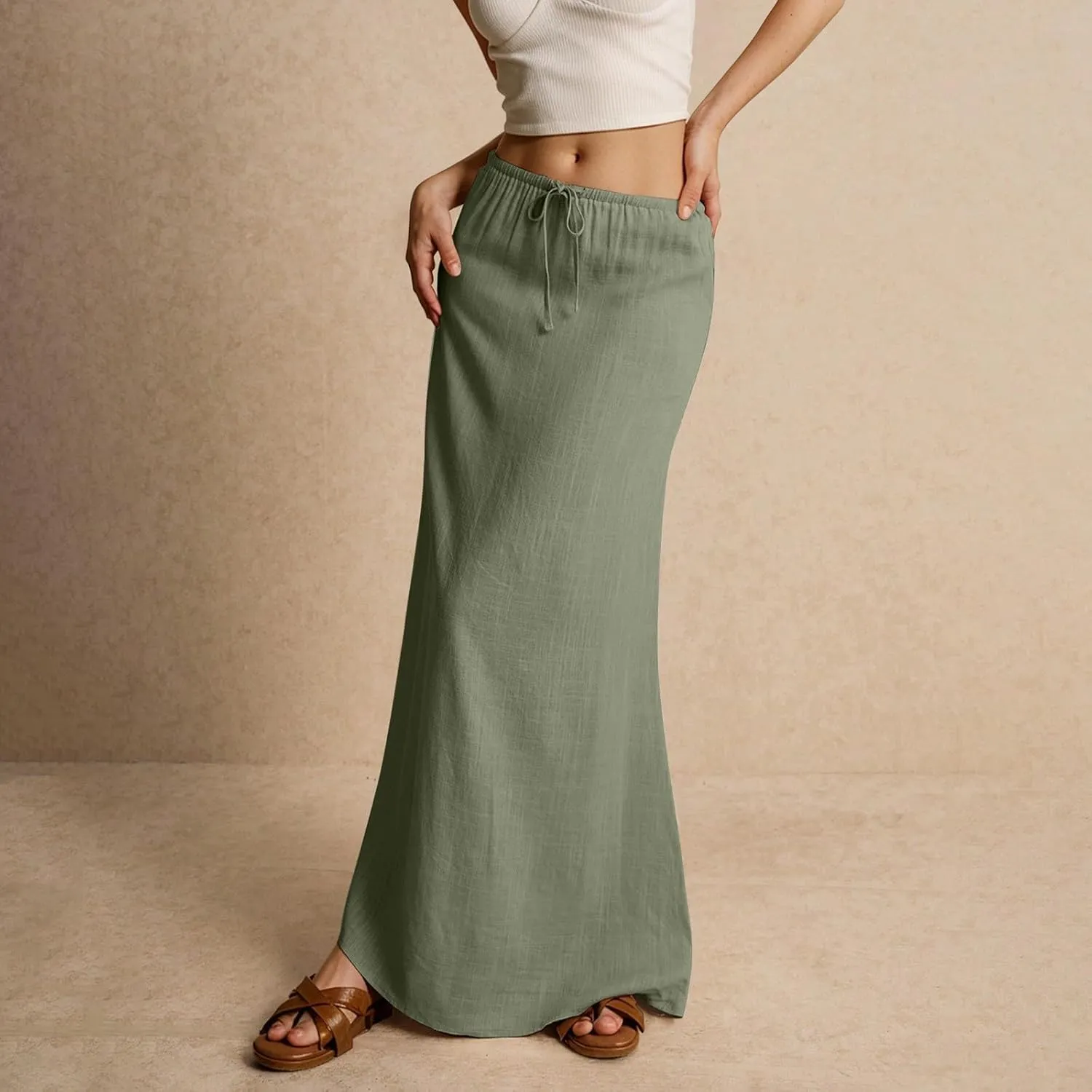 Womens Linen Maxi A-line Long Summer Skirt Elastic High Waist Flowy Skirt