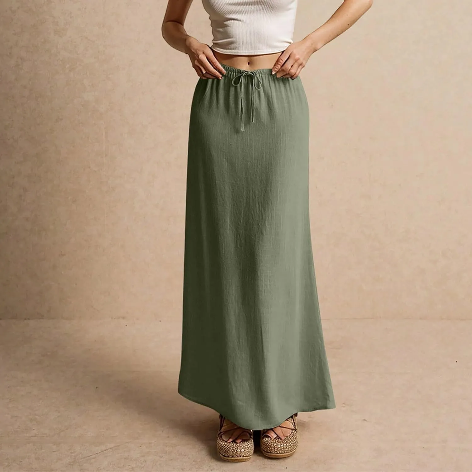 Womens Linen Maxi A-line Long Summer Skirt Elastic High Waist Flowy Skirt