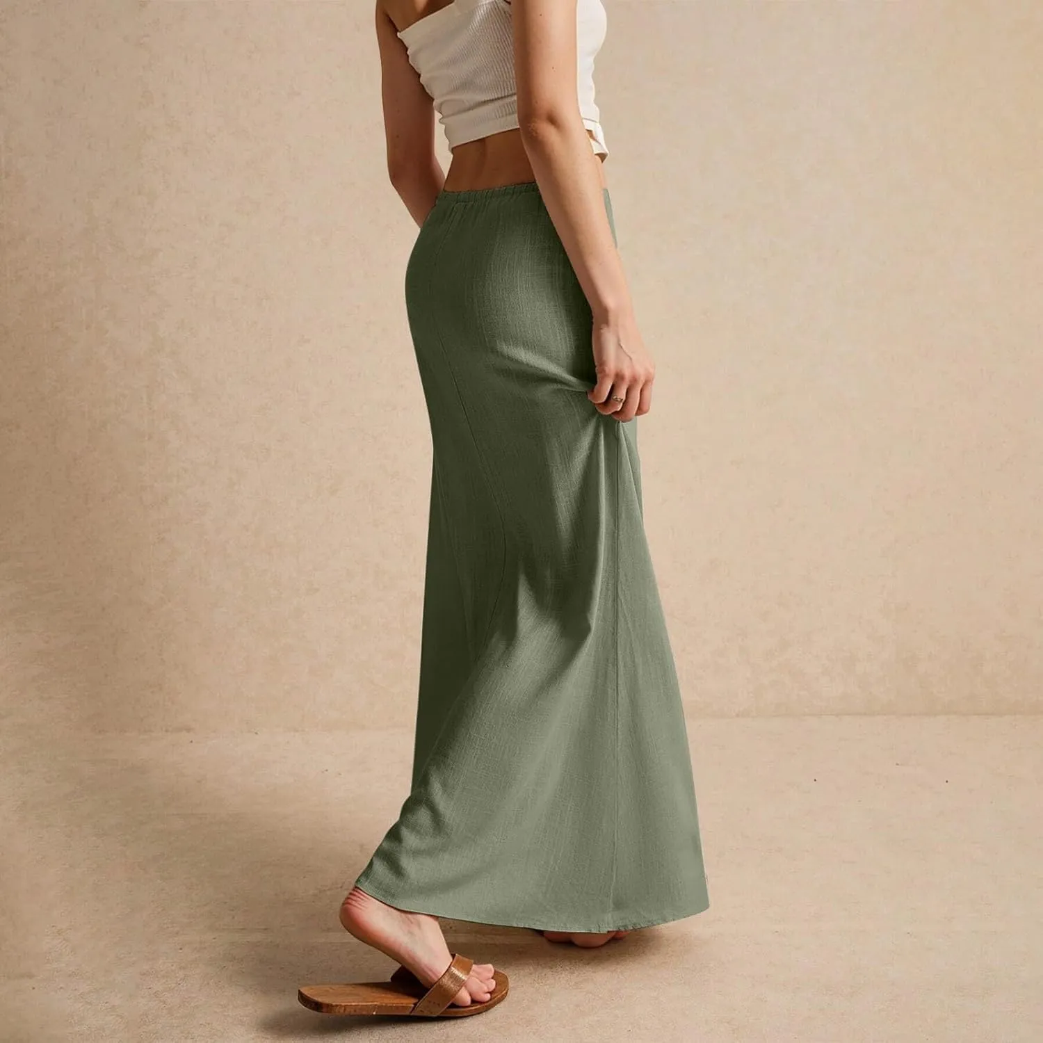 Womens Linen Maxi A-line Long Summer Skirt Elastic High Waist Flowy Skirt