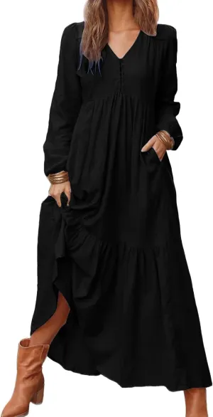 Women's Linen Maxi Dress Long Sleeve with Pockets Boho Beach Pleated Long Dress Casual V-Neck Tiered Ruffle Dresses