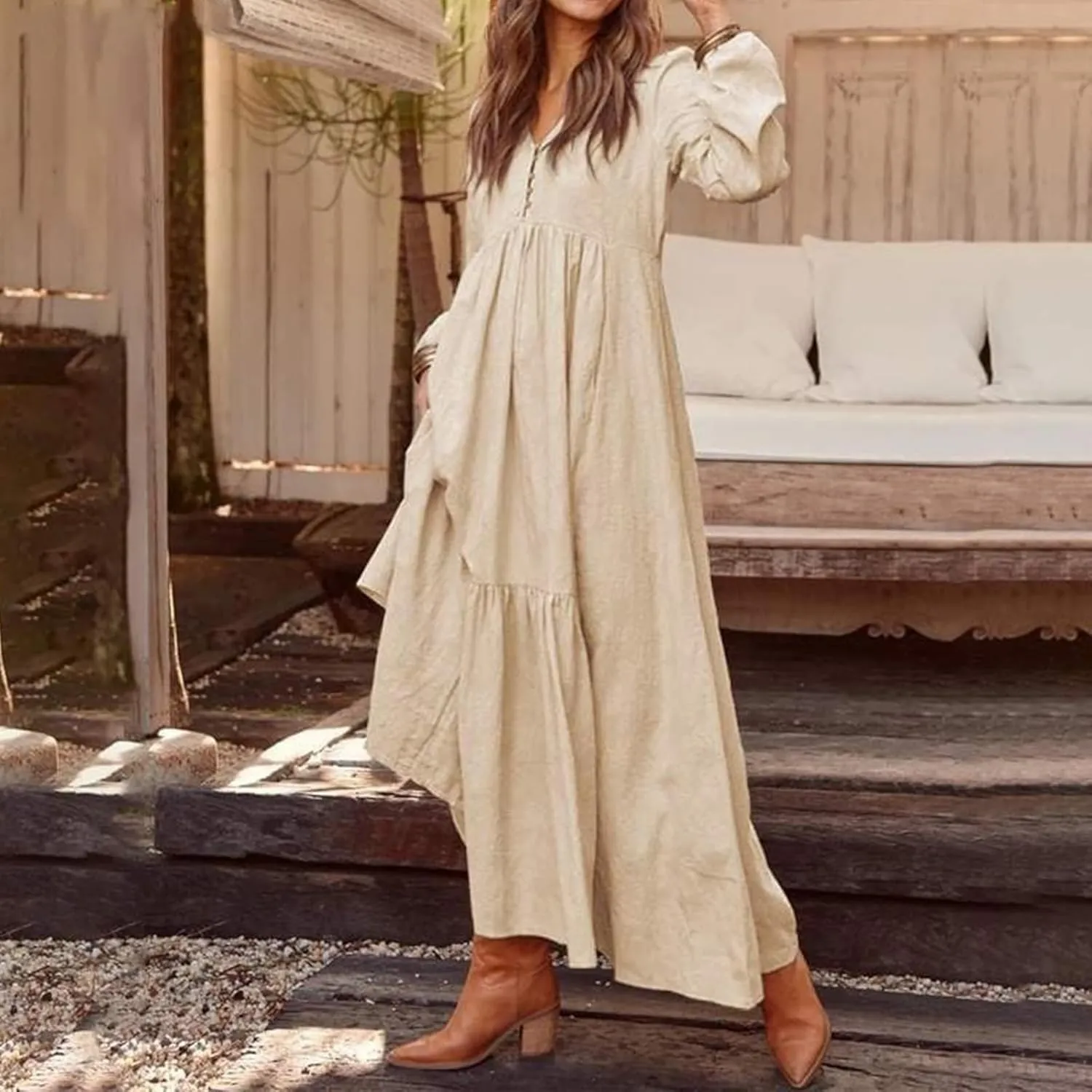 Women's Linen Maxi Dress Long Sleeve with Pockets Boho Beach Pleated Long Dress Casual V-Neck Tiered Ruffle Dresses