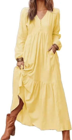 Women's Linen Maxi Dress Long Sleeve with Pockets Boho Beach Pleated Long Dress Casual V-Neck Tiered Ruffle Dresses