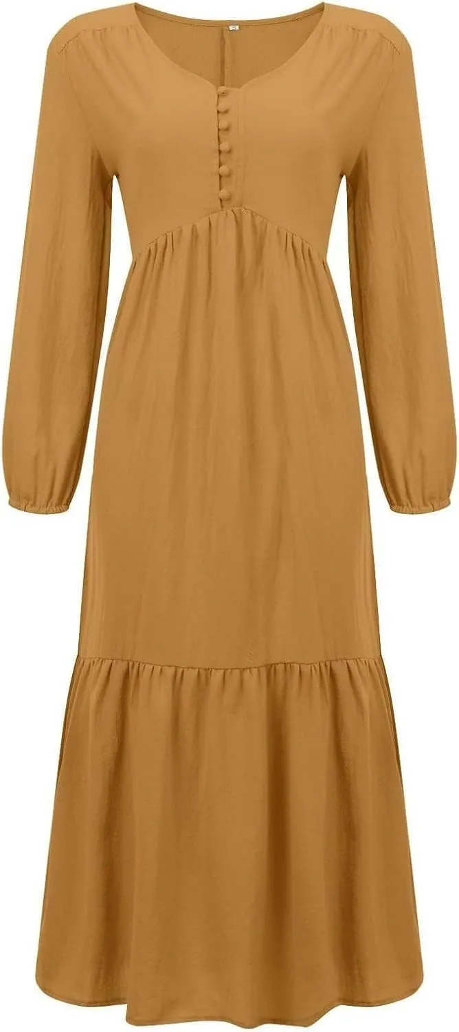Women's Linen Maxi Dress Long Sleeve with Pockets Boho Beach Pleated Long Dress Casual V-Neck Tiered Ruffle Dresses
