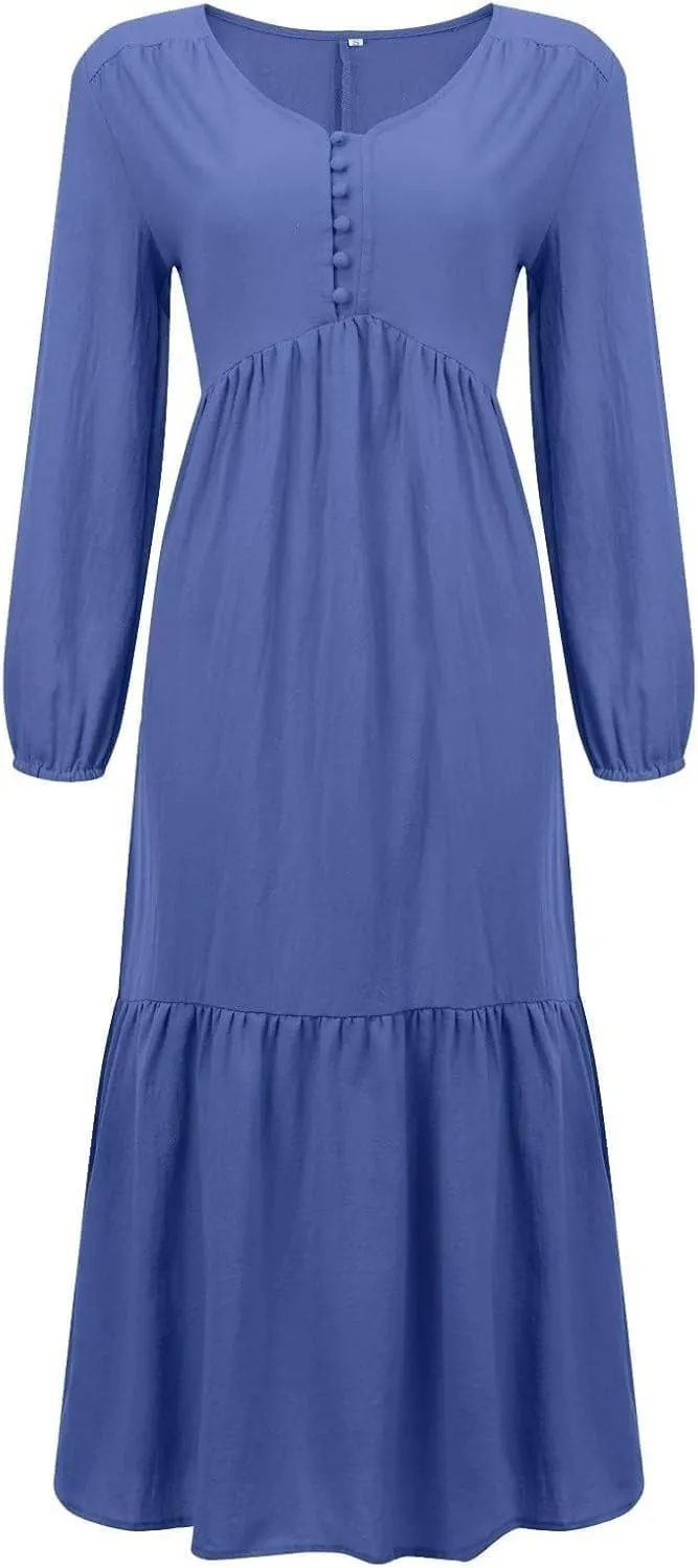 Women's Linen Maxi Dress Long Sleeve with Pockets Boho Beach Pleated Long Dress Casual V-Neck Tiered Ruffle Dresses
