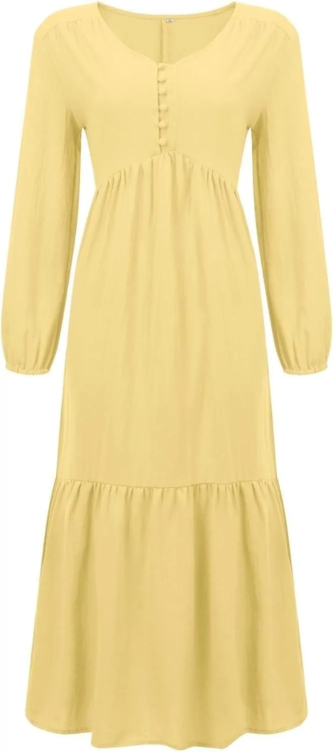 Women's Linen Maxi Dress Long Sleeve with Pockets Boho Beach Pleated Long Dress Casual V-Neck Tiered Ruffle Dresses