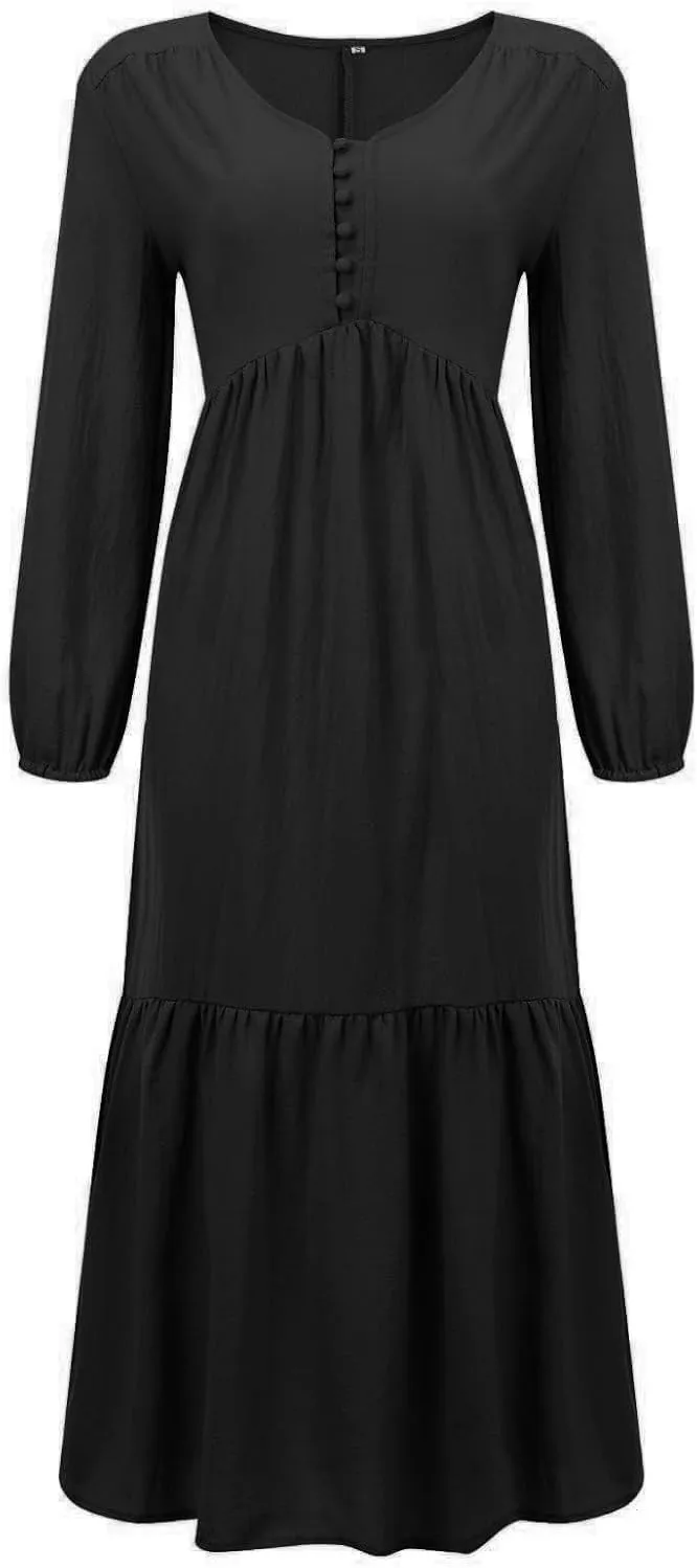 Women's Linen Maxi Dress Long Sleeve with Pockets Boho Beach Pleated Long Dress Casual V-Neck Tiered Ruffle Dresses