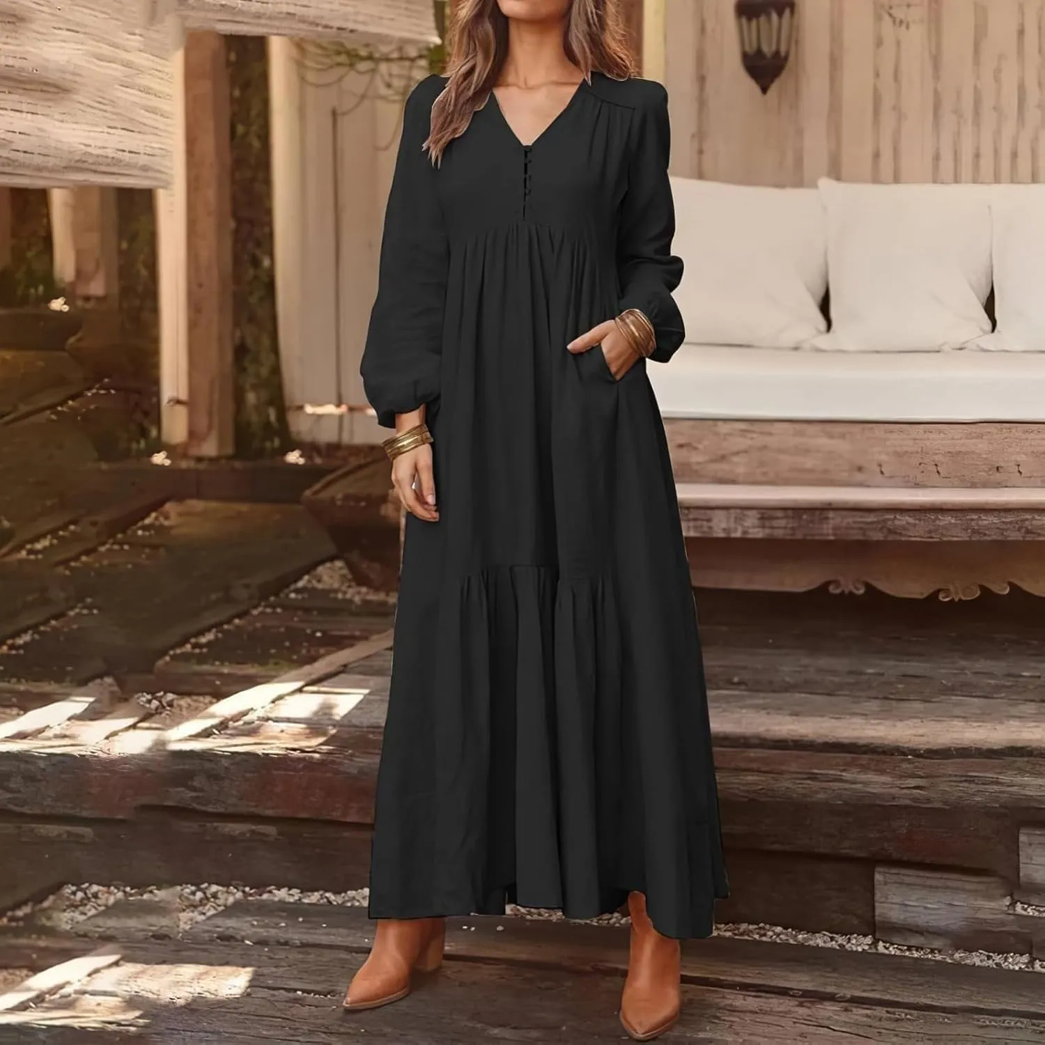 Women's Linen Maxi Dress Long Sleeve with Pockets Boho Beach Pleated Long Dress Casual V-Neck Tiered Ruffle Dresses