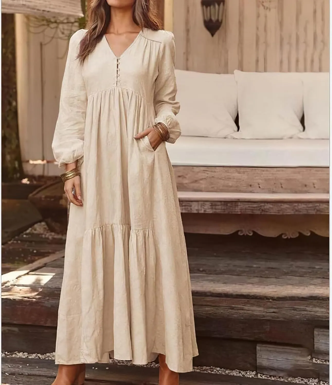 Women's Linen Maxi Dress Long Sleeve with Pockets Boho Beach Pleated Long Dress Casual V-Neck Tiered Ruffle Dresses